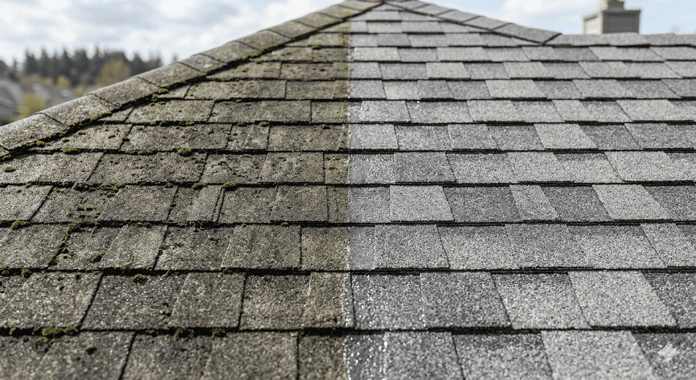 Roof cleaning before and after transformation in Merrimack Valley
