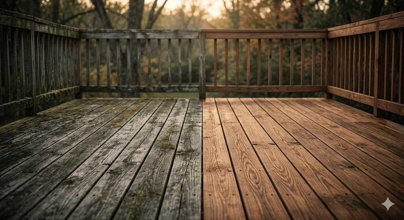 Gentle deck cleaning technique in action