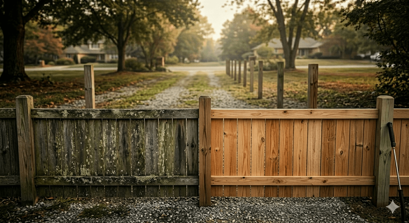 Professional fence cleaning technique in action