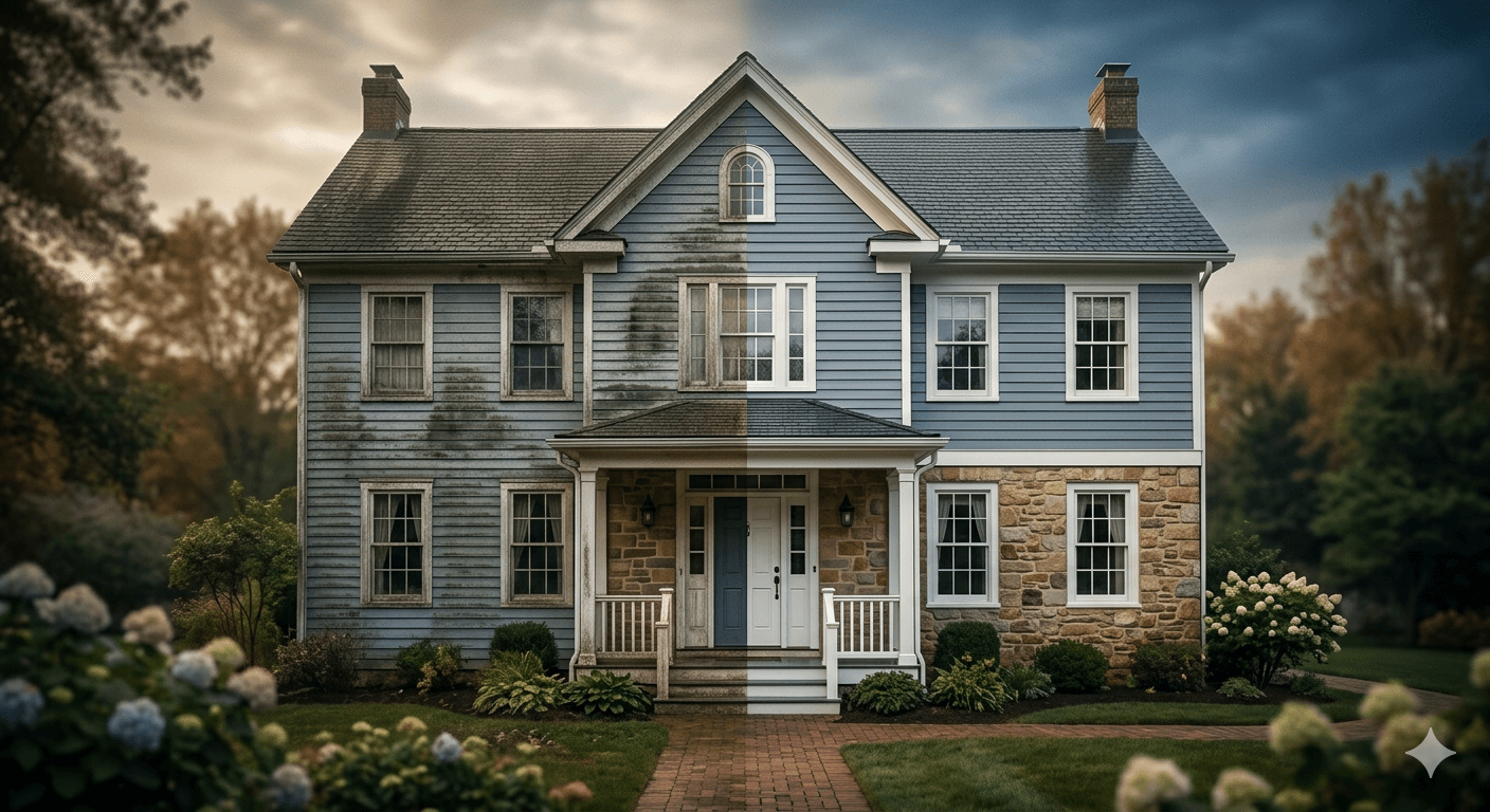 Soft wash technique being applied to home exterior