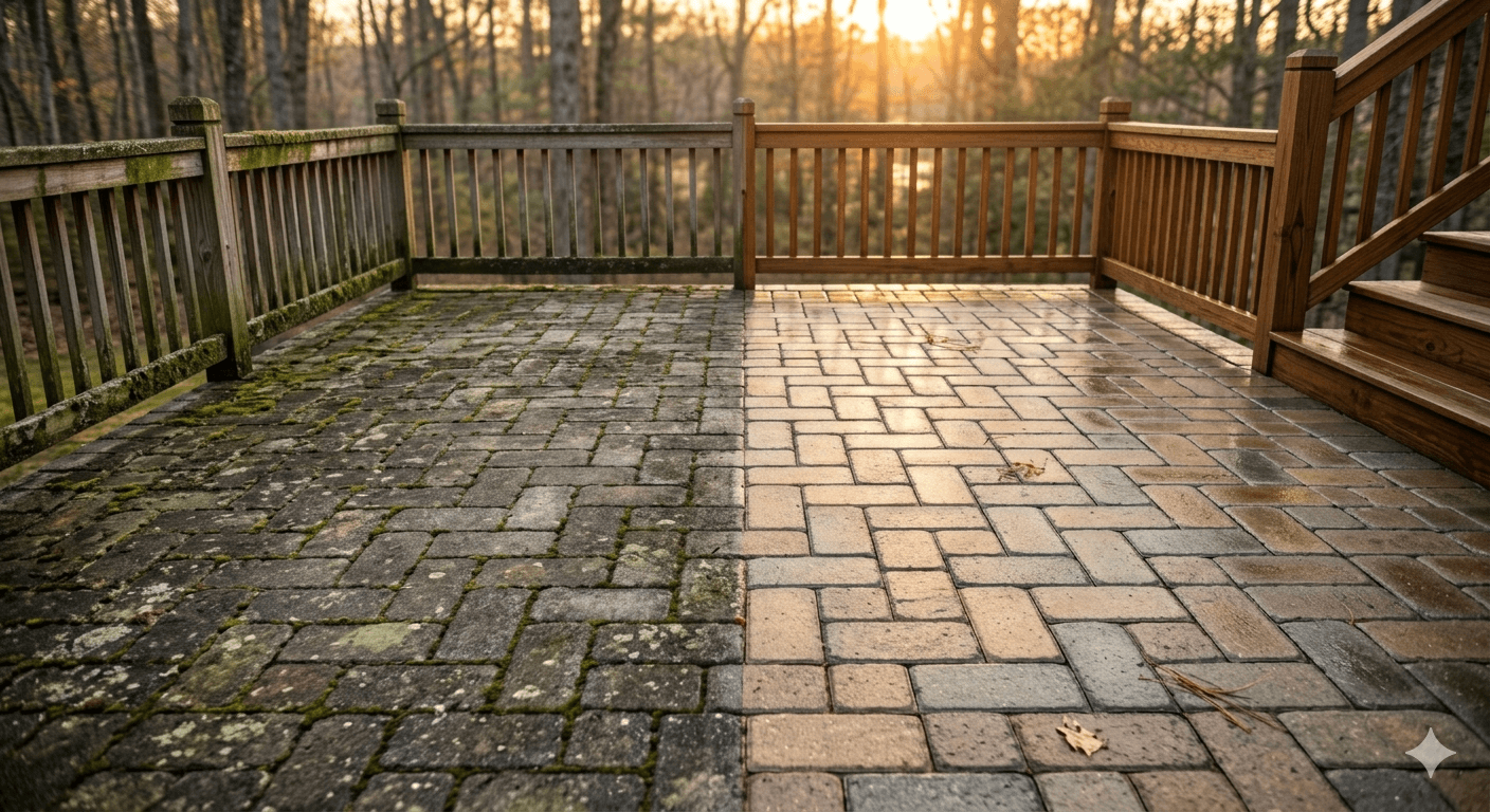 Professional patio cleaning technique in action