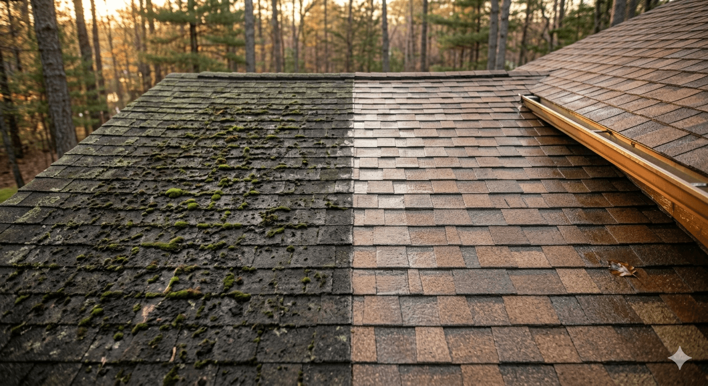 Soft wash technique being applied to residential roof