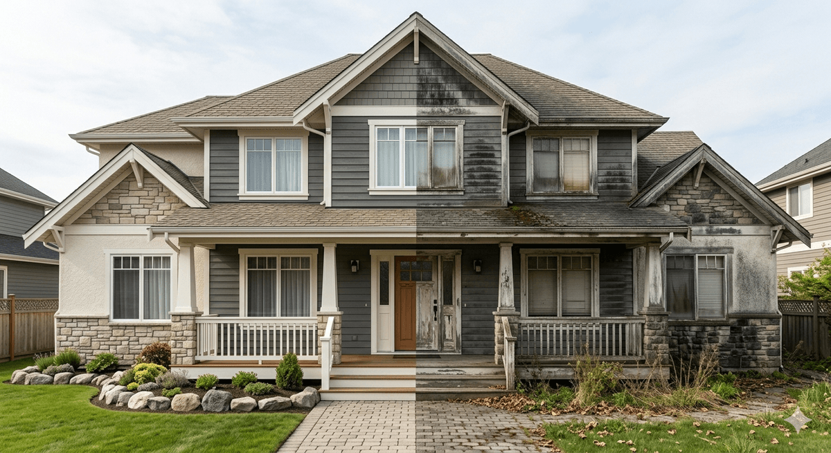 House washing before and after results in Dracut MA — clean vinyl siding after soft wash treatment