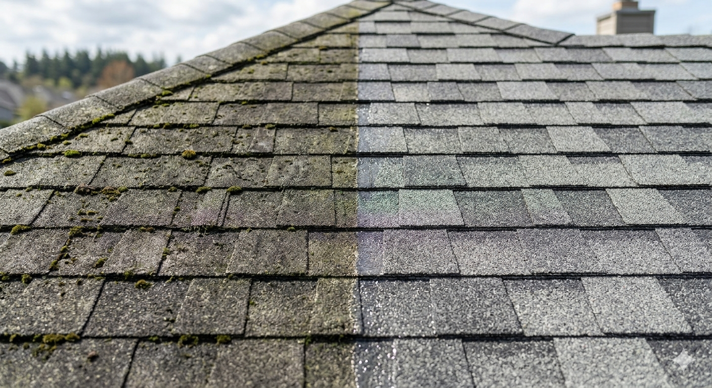 Before and after roof cleaning on a Haverhill MA asphalt shingle roof showing black streak removal